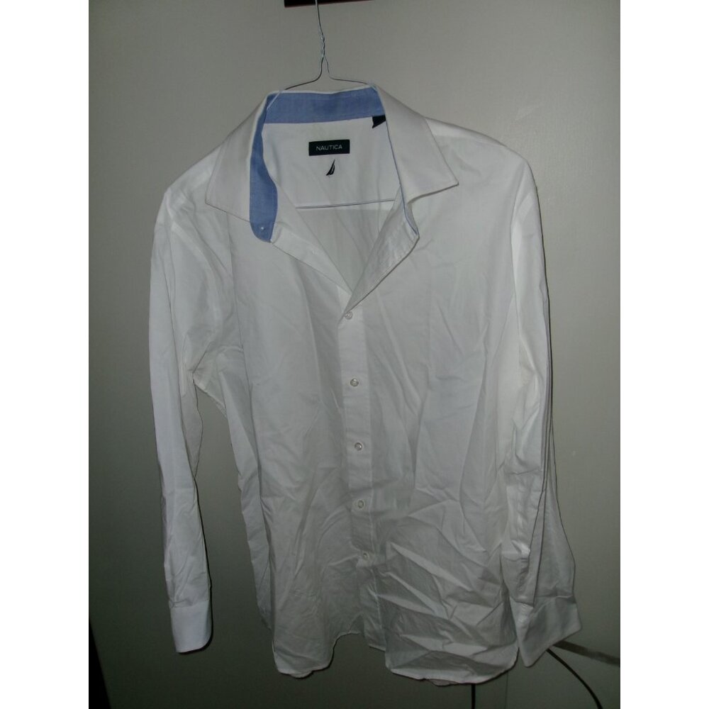 Nautica Button Down Dress Shirt White Blue Trim Size XL 17.5 34/35